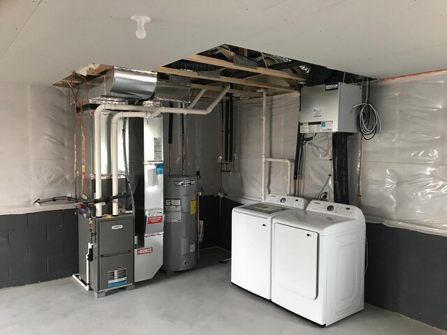 unfinished below grade area with independent washer and dryer, water heater, and heating unit