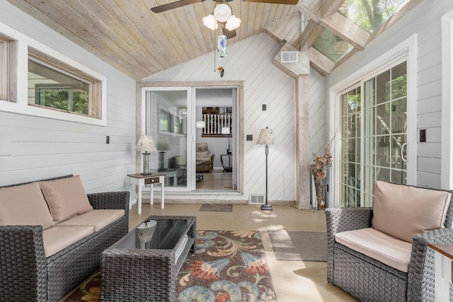 13640 Alamo St NE, Ham Lake, MN 55304 - sunroom / solarium featuring outdoor lounge area, a ceiling fan, and vaulted ceiling