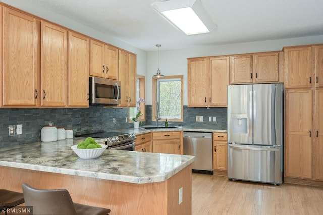 kitchen with stainless steel appliances, a sink, a peninsula, light wood finished floors, and backsplash
