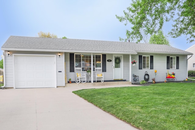 726 17th St NE, Owatonna, MN 55060 - ranch-style home with a porch, a garage, concrete driveway, and a front yard
