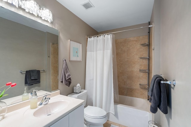full bath with toilet, shower / bath combo with shower curtain, and vanity