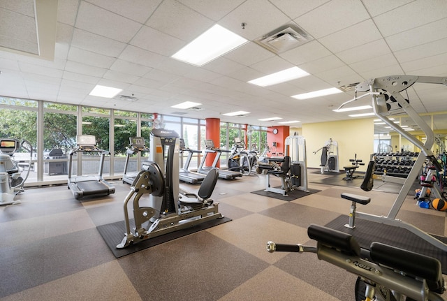 exercise room featuring healthy amount of natural light, a wall of windows, and a drop ceiling