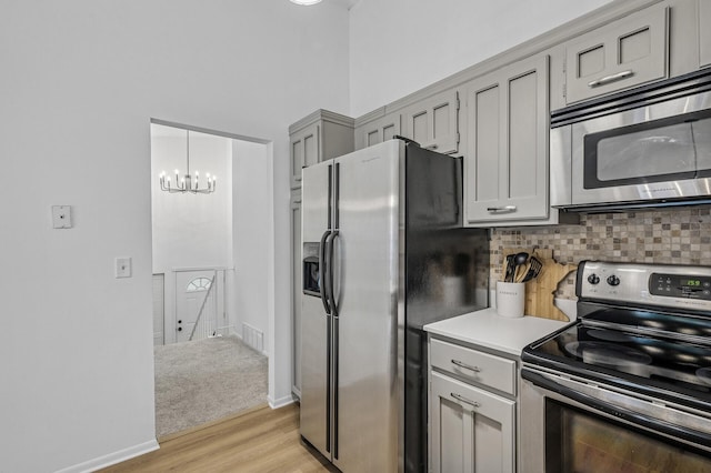 135 Eagle Lake Dr, Maple Grove, MN 55369 - kitchen with stainless steel appliances, light wood-type flooring, gray cabinets, a chandelier, and decorative backsplash