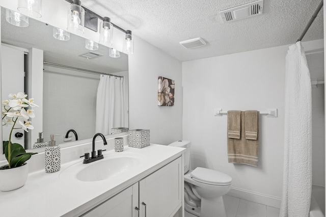 135 Eagle Lake Dr, Maple Grove, MN 55369 - bathroom featuring toilet, vanity, a textured ceiling, curtained shower, and tile patterned floors