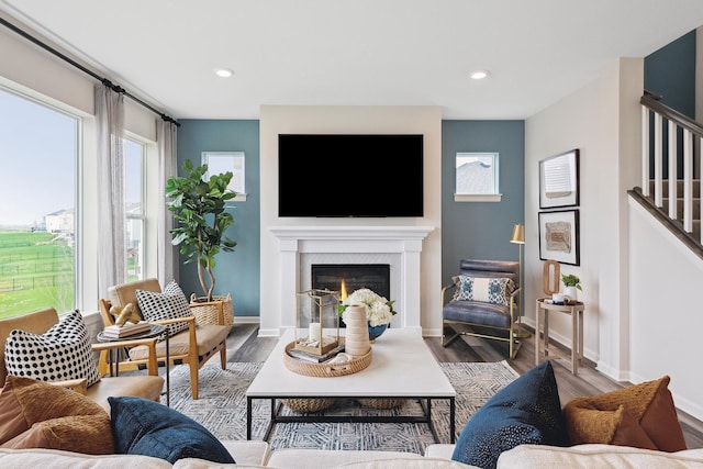7197 Large Ave NE, Otsego, MN 55301 - living room featuring wood finished floors, a glass covered fireplace, baseboards, and recessed lighting