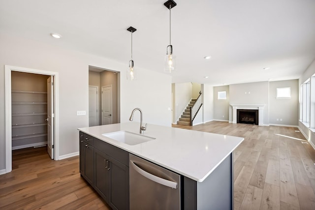 7197 Large Ave NE, Otsego, MN 55301 - kitchen featuring a sink, dishwasher, light countertops, light wood finished floors, and a fireplace