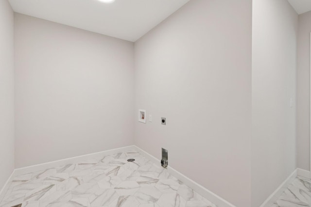 18531 Ifton Way, Lakeville, MN 55044 - clothes washing area featuring hookup for an electric dryer, light marble finish flooring, hookup for a washing machine, and baseboards