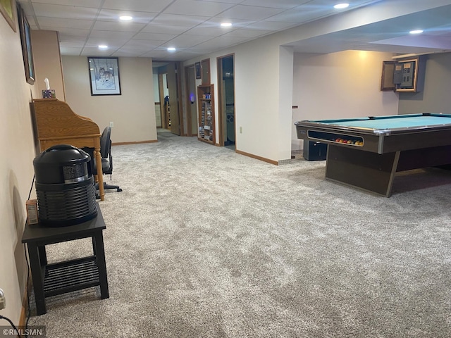 2828 Matilda St, Roseville, MN 55113 - rec room with carpet flooring, baseboards, billiards, recessed lighting, and electric panel