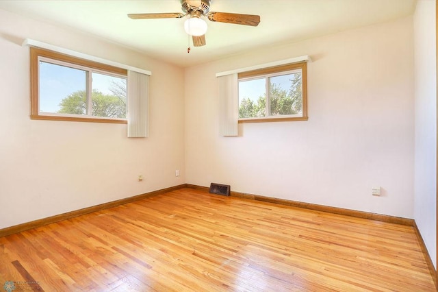 spare room with plenty of natural light, light wood finished floors, and baseboards