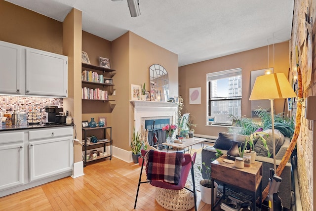 office space featuring light wood-style flooring, a fireplace, and a textured ceiling