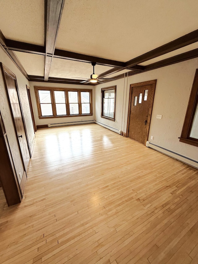 455 3rd St SE, Cokato, MN 55321 - unfurnished living room featuring beam ceiling, light wood finished floors, a baseboard heating unit, a textured ceiling, and ceiling fan