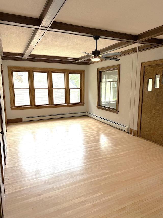 455 3rd St SE, Cokato, MN 55321 - spare room with beam ceiling, light wood-type flooring, ceiling fan, coffered ceiling, and a baseboard heating unit