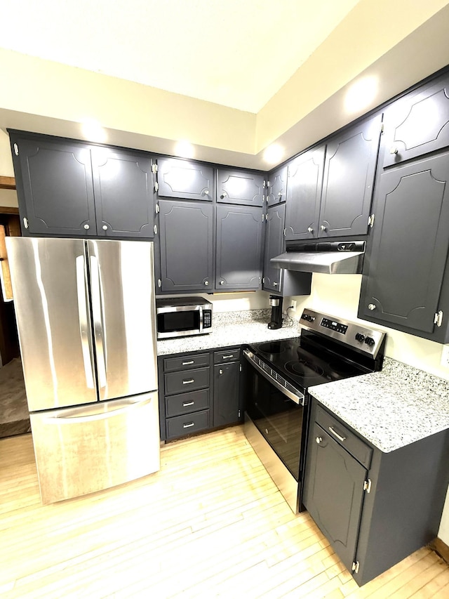 455 3rd St SE, Cokato, MN 55321 - kitchen featuring appliances with stainless steel finishes, under cabinet range hood, light wood-style floors, and light stone countertops