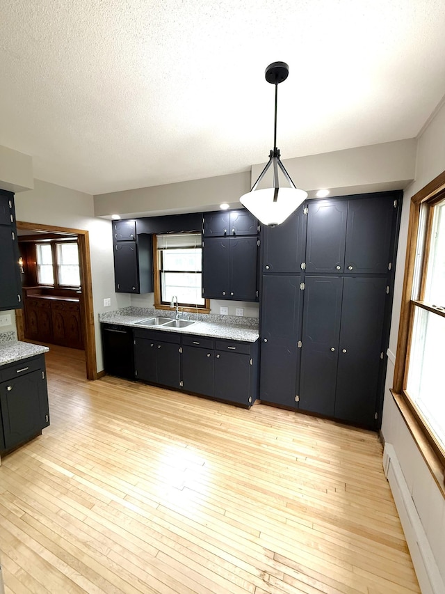 455 3rd St SE, Cokato, MN 55321 - kitchen with a baseboard radiator, light wood-style flooring, healthy amount of natural light, dark cabinetry, and a textured ceiling