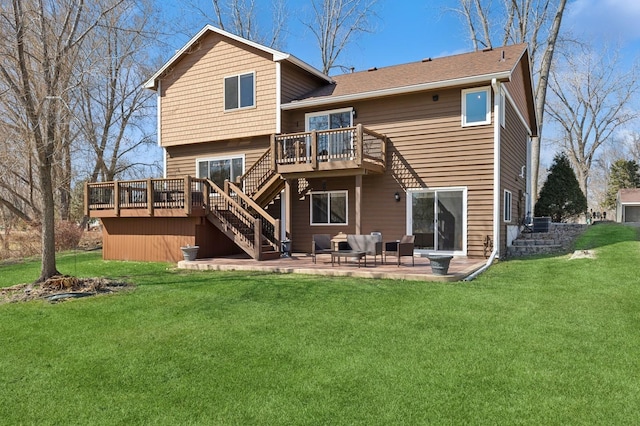 1284 Otter Ridge Rd, White Bear Twp, MN 55110 - rear view of house with stairs, a deck, a lawn, and a patio