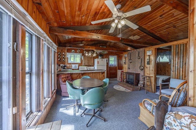 carpeted living area featuring wooden ceiling and ceiling fan
