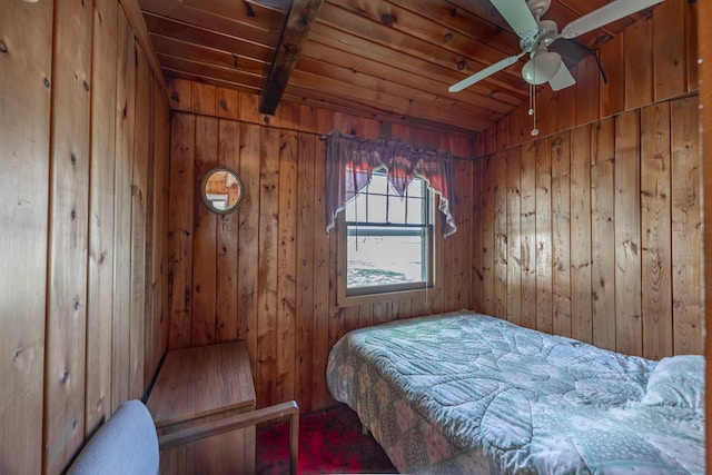 bedroom featuring wood walls, wood ceiling, and a ceiling fan