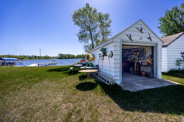 garage featuring a water view