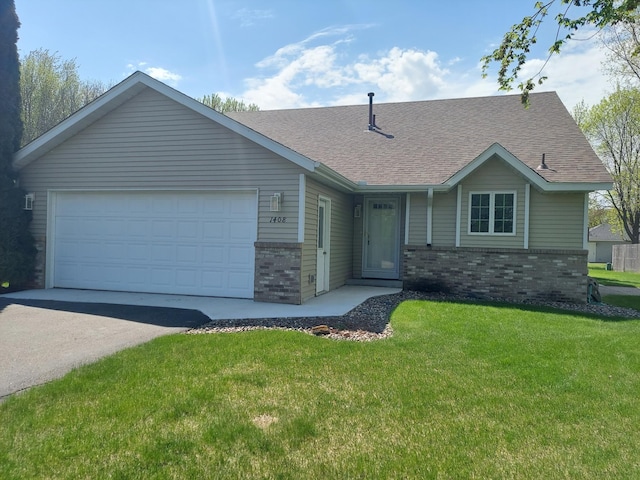 single story home with brick siding, roof with shingles, a garage, and a front yard