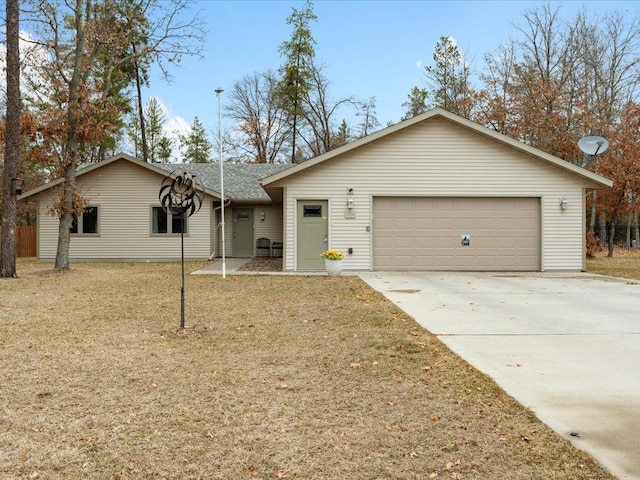 single story home with concrete driveway, roof with shingles, a garage, and a front lawn