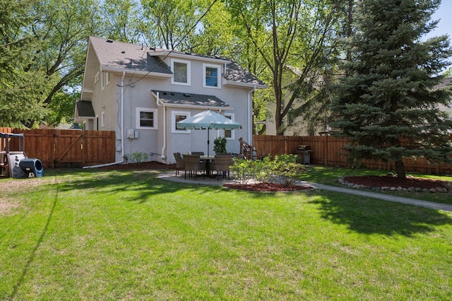 back of house with stucco siding, a patio, and a shingled roof
