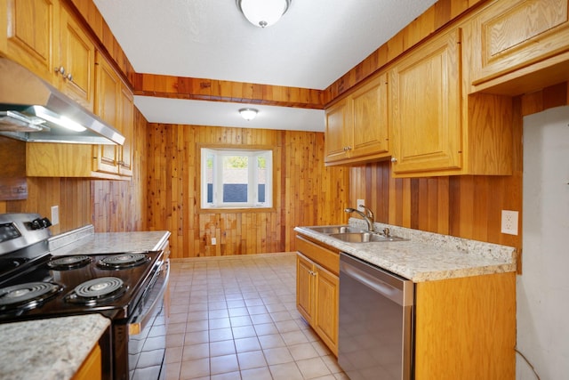 kitchen featuring stainless steel dishwasher, electric range, a sink, under cabinet range hood, and light countertops