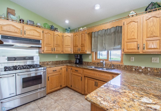 6673 230th St N, Cromwell Twp, MN 56549 - kitchen featuring range with two ovens, under cabinet range hood, light tile patterned flooring, a sink, and dark stone counters