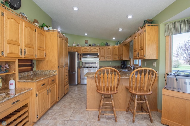 6673 230th St N, Cromwell Twp, MN 56549 - kitchen featuring appliances with stainless steel finishes, under cabinet range hood, a sink, light stone countertops, and a peninsula