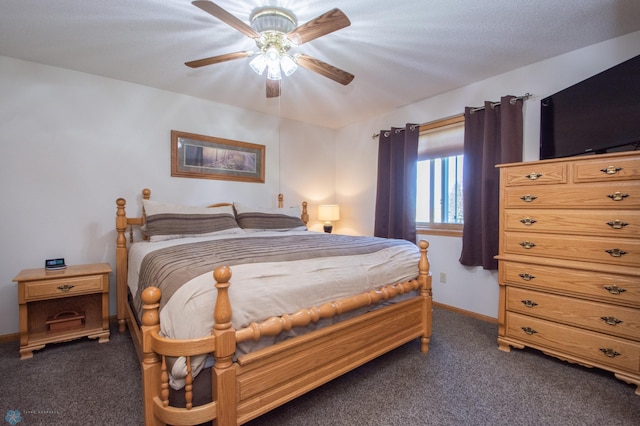6673 230th St N, Cromwell Twp, MN 56549 - bedroom with dark carpet, baseboards, and a ceiling fan