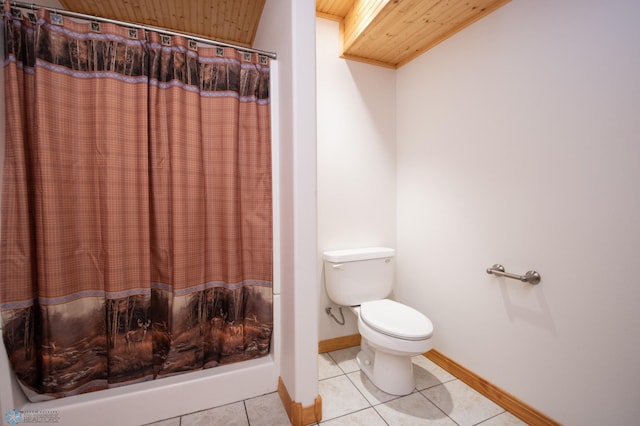 6673 230th St N, Cromwell Twp, MN 56549 - full bathroom featuring wooden ceiling, toilet, baseboards, tile patterned flooring, and a shower with curtain