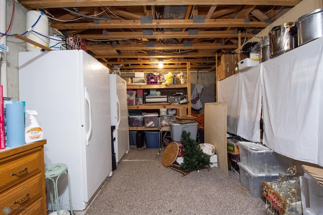 6673 230th St N, Cromwell Twp, MN 56549 - unfinished below grade area featuring freestanding refrigerator and carpet