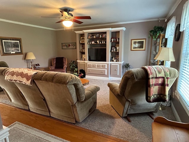12176 2nd St, Northome, MN 56661 - living area featuring crown molding and a ceiling fan