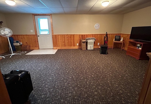 12176 2nd St, Northome, MN 56661 - basement with wainscoting, wooden walls, carpet, and a drop ceiling