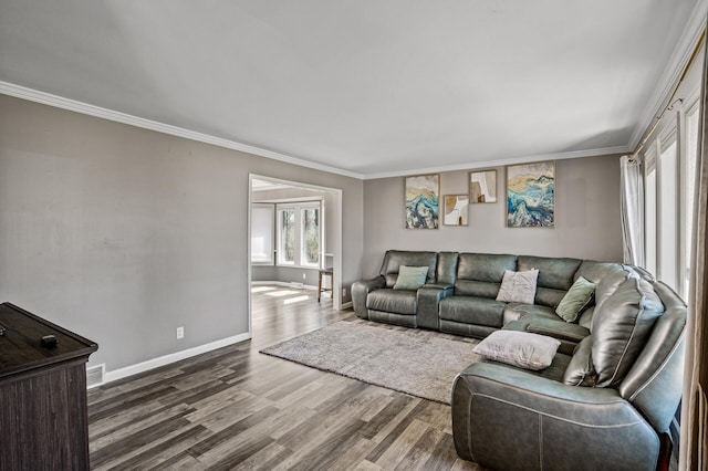 10409 Goldenrod St NW, Coon Rapids, MN 55448 - living room featuring baseboards, crown molding, and wood finished floors