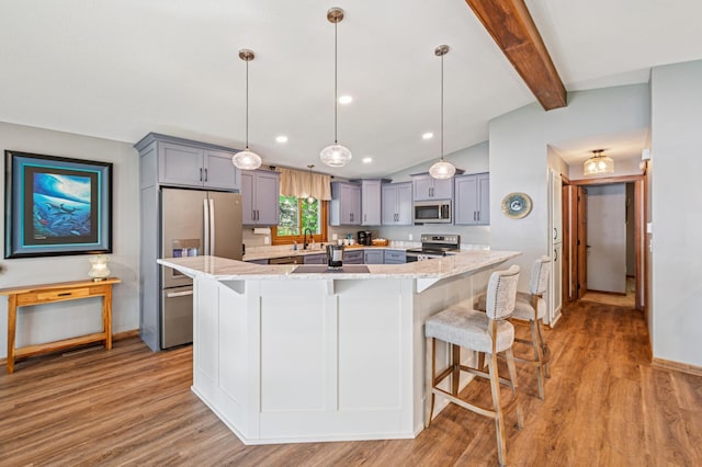 49935 Acacia Trl, Nessel Twp, MN 55080 - kitchen with appliances with stainless steel finishes, gray cabinetry, a sink, light wood-style flooring, and recessed lighting