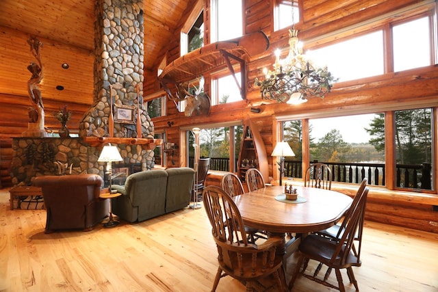 7236 Far N Rd, Buyck, MN 55771 - dining room featuring high vaulted ceiling, log walls, hardwood / wood-style floors, wooden ceiling, and a fireplace