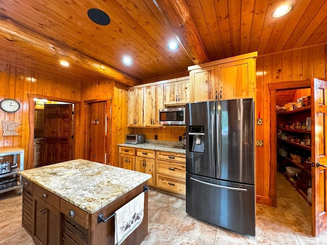 7236 Far N Rd, Buyck, MN 55771 - kitchen featuring appliances with stainless steel finishes, wood ceiling, wooden walls, recessed lighting, and a center island
