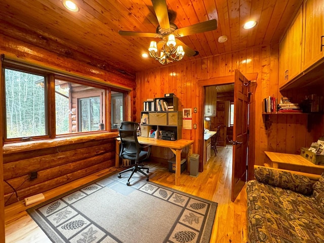 7236 Far N Rd, Buyck, MN 55771 - office featuring a ceiling fan, wood ceiling, light wood-style floors, and recessed lighting