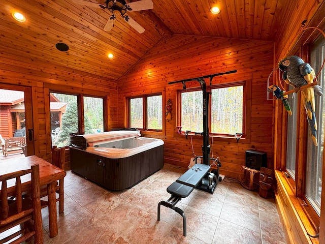 7236 Far N Rd, Buyck, MN 55771 - bathroom featuring healthy amount of natural light, vaulted ceiling, wooden walls, wooden ceiling, and a wood stove