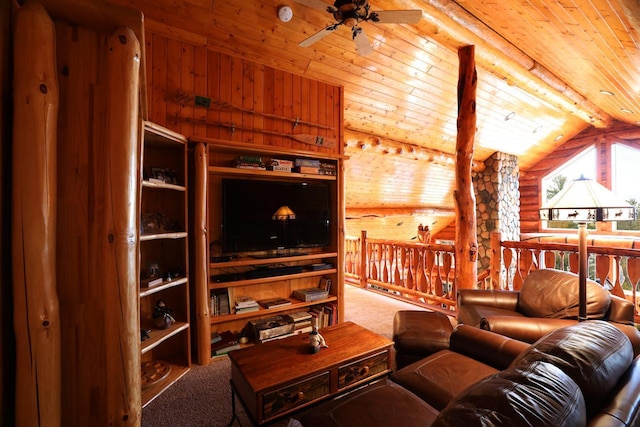 7236 Far N Rd, Buyck, MN 55771 - living room with log walls, carpet floors, ceiling fan, vaulted ceiling, and wood ceiling