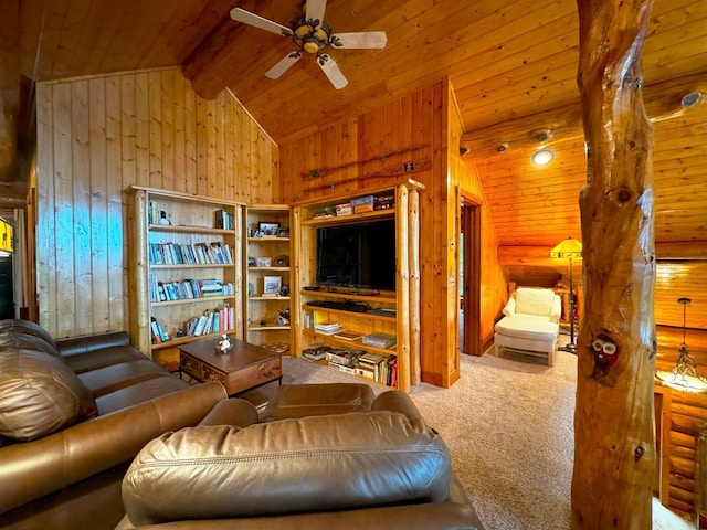 7236 Far N Rd, Buyck, MN 55771 - carpeted living room featuring wood walls, a ceiling fan, and wood ceiling