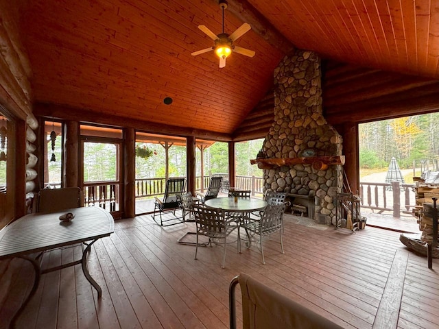 7236 Far N Rd, Buyck, MN 55771 - sunroom / solarium featuring hardwood / wood-style flooring, wood ceiling, healthy amount of natural light, high vaulted ceiling, and a wooden deck