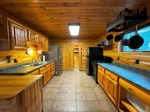 7236 Far N Rd, Buyck, MN 55771 - kitchen featuring log walls, a sink, black gas range, wooden ceiling, and exhaust hood