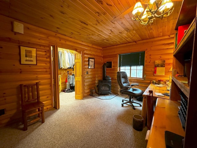 7236 Far N Rd, Buyck, MN 55771 - carpeted home office with a chandelier, a wood stove, rustic walls, and wooden ceiling