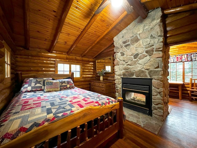 7236 Far N Rd, Buyck, MN 55771 - bedroom featuring rustic walls, wood ceiling, multiple windows, hardwood / wood-style flooring, and beam ceiling