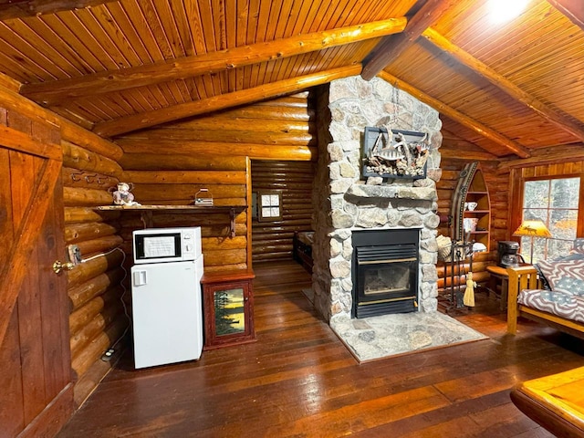 7236 Far N Rd, Buyck, MN 55771 - unfurnished living room with a stone fireplace, hardwood / wood-style floors, and wood ceiling