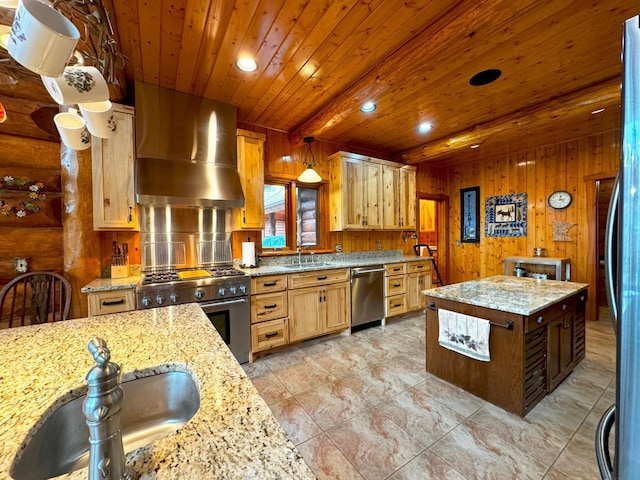 7236 Far N Rd, Buyck, MN 55771 - kitchen featuring appliances with stainless steel finishes, wall chimney range hood, a sink, wooden ceiling, and recessed lighting