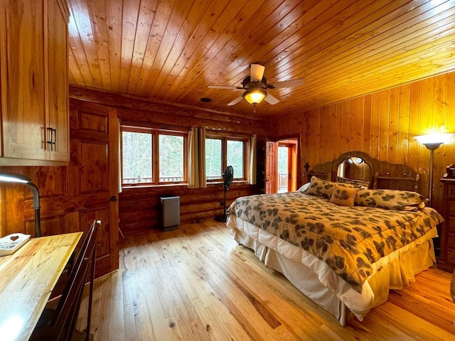 7236 Far N Rd, Buyck, MN 55771 - bedroom featuring wooden ceiling, access to exterior, light wood finished floors, and wooden walls