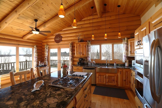 3165 Randa Rd, Orr, MN 55771 - kitchen featuring a sink, appliances with stainless steel finishes, light wood-type flooring, log walls, and wood ceiling