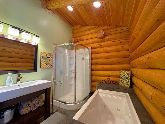 3165 Randa Rd, Orr, MN 55771 - full bath featuring a shower stall, log walls, wooden ceiling, a whirlpool tub, and vanity